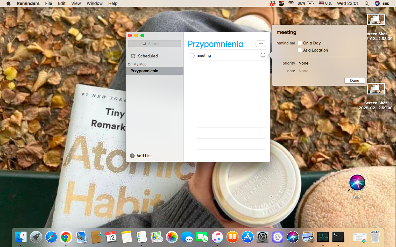 The final step in setting the alarm via the Reminders app on your Mac, is to click the Info (i) icon, then add the title of your new reminder and choose the appropriate date and time.