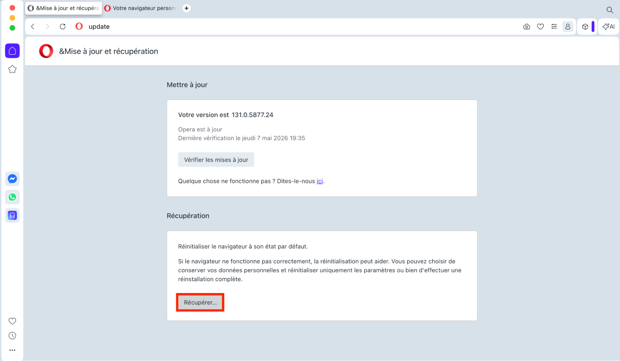 L’écran Mise à jour et récupération d’Opera, avec les options Récupération > Récupérer mises en surbrillance. Comment réinitialiser Opera : guide pour bloquer les fausses alertes McAfee sur Mac.
