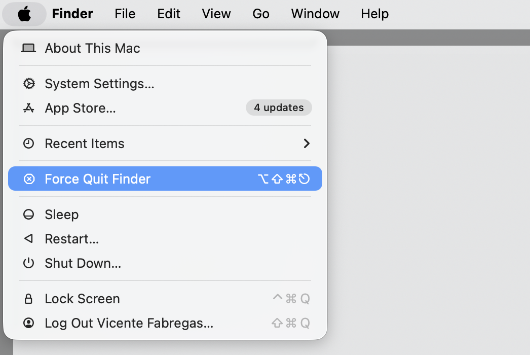 macOS Sequoia 15 Apple menu with the Shift key held to reveal Force Quit Finder, applying the Finder settings reset on a MacBook.
