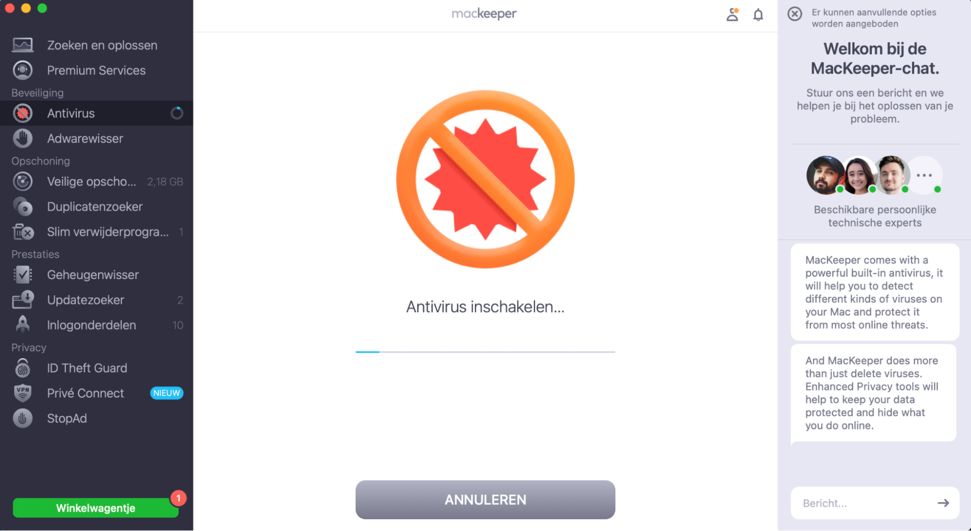 Klik op Start scan en wacht tot MacKeeper de antivirusscan heeft voltooid. Als er iets wordt gevonden, wordt dit tijdens de scan bijgewerkt.