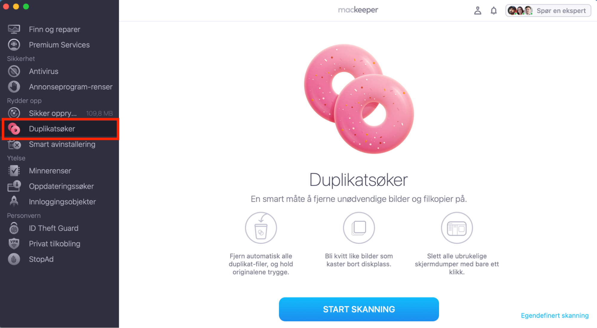 MacKeepers Duplikatsøker er et utmerket verktøy for å fjerne unødvendige kopier av filer og skape mer plass på Macen din. For å bruke det, åpne MacKeeper-appen, velg Duplikatsøker og klikk på Start skanning.