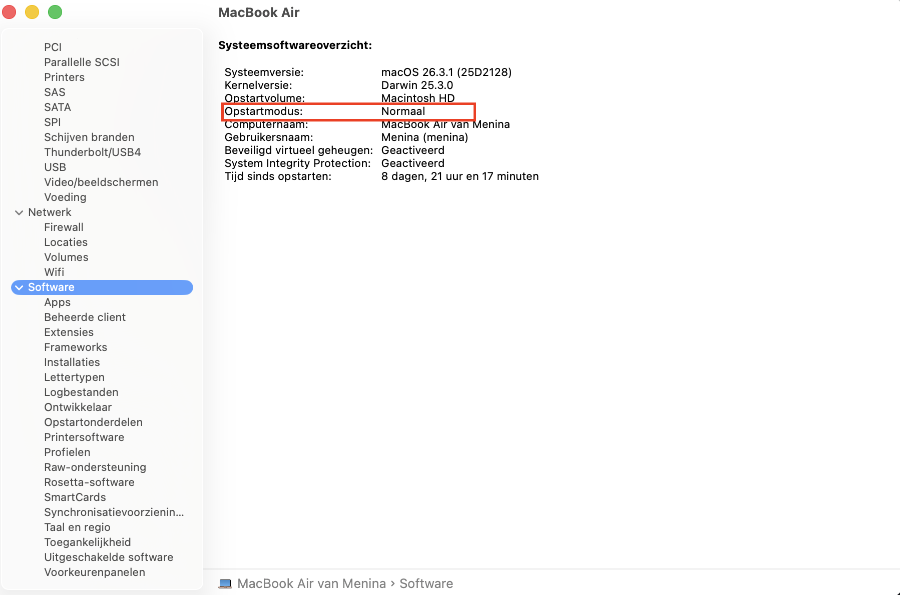 Om te controleren of je Mac in de veilige modus staat, kies je in het menu ‘Systeemoverzicht’ links voor ‘Software’. In het onderdeel ‘Opstartmodus’ zie je of je in de veilige modus of de normale modus zit.
