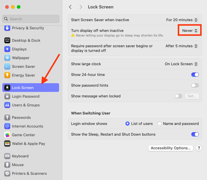 The Lock Screen menu in System Settings on Mac. You can select Never next to Turn display off when inactive to prevent Mac from sleeping on Sequoia.