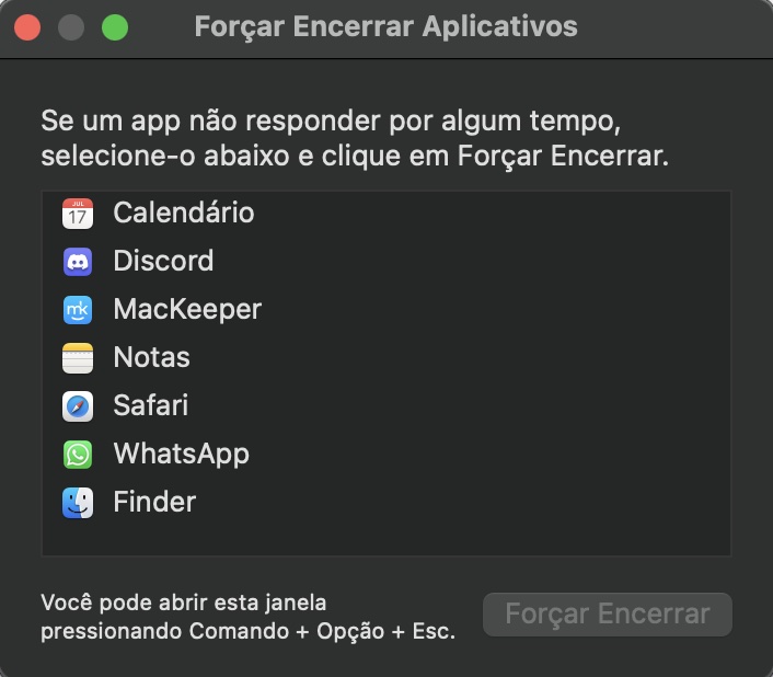Usando a ferramenta Forçar Encerrar Aplicativos, você pode ver todos os apps em execução no seu Mac e então encerrá-los facilmente clicando em Forçar Encerrar.