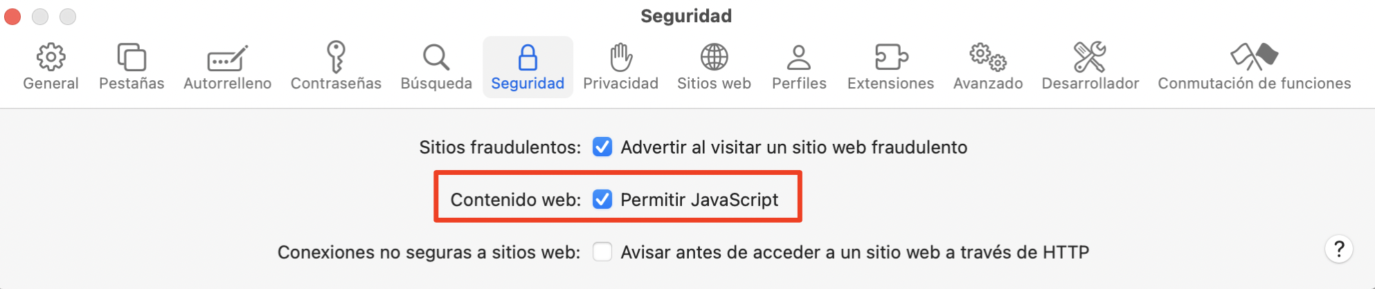 Activa JavaScript en la pestaña Seguridad.