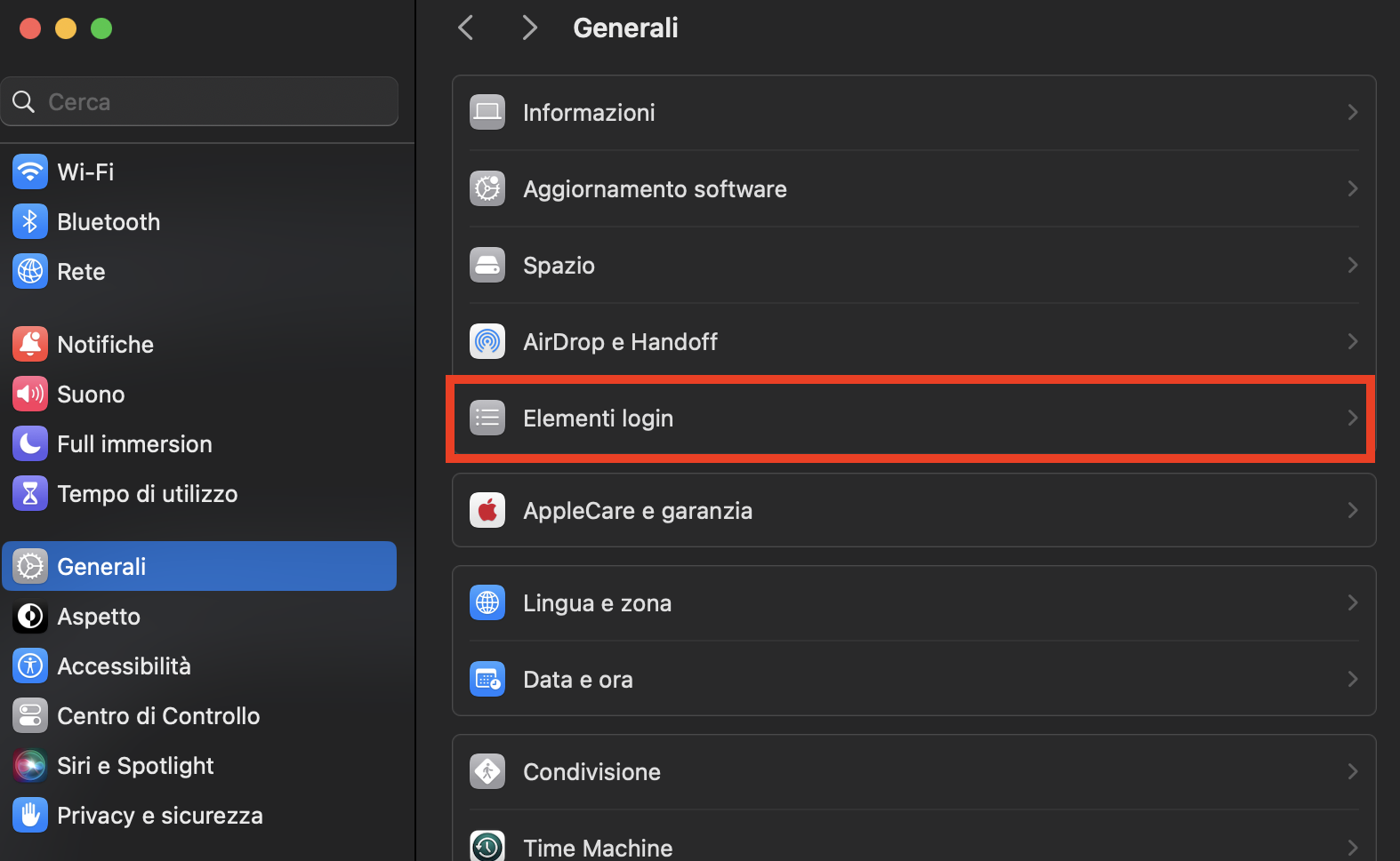 Vai su Impostazioni di sistema, quindi fai clic su Generali nella barra laterale. Trova e apri la sezione Elementi di login, dove puoi controllare cosa viene avviato all'avvio.