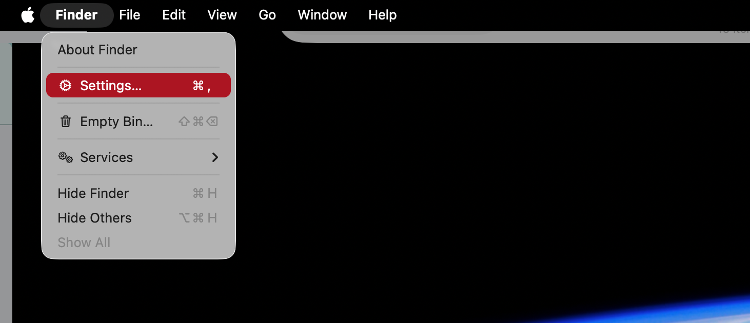 You also hide certain specific items from your Finder settings. First, open a Finder window, then select Finder > Settings from your menu bar.