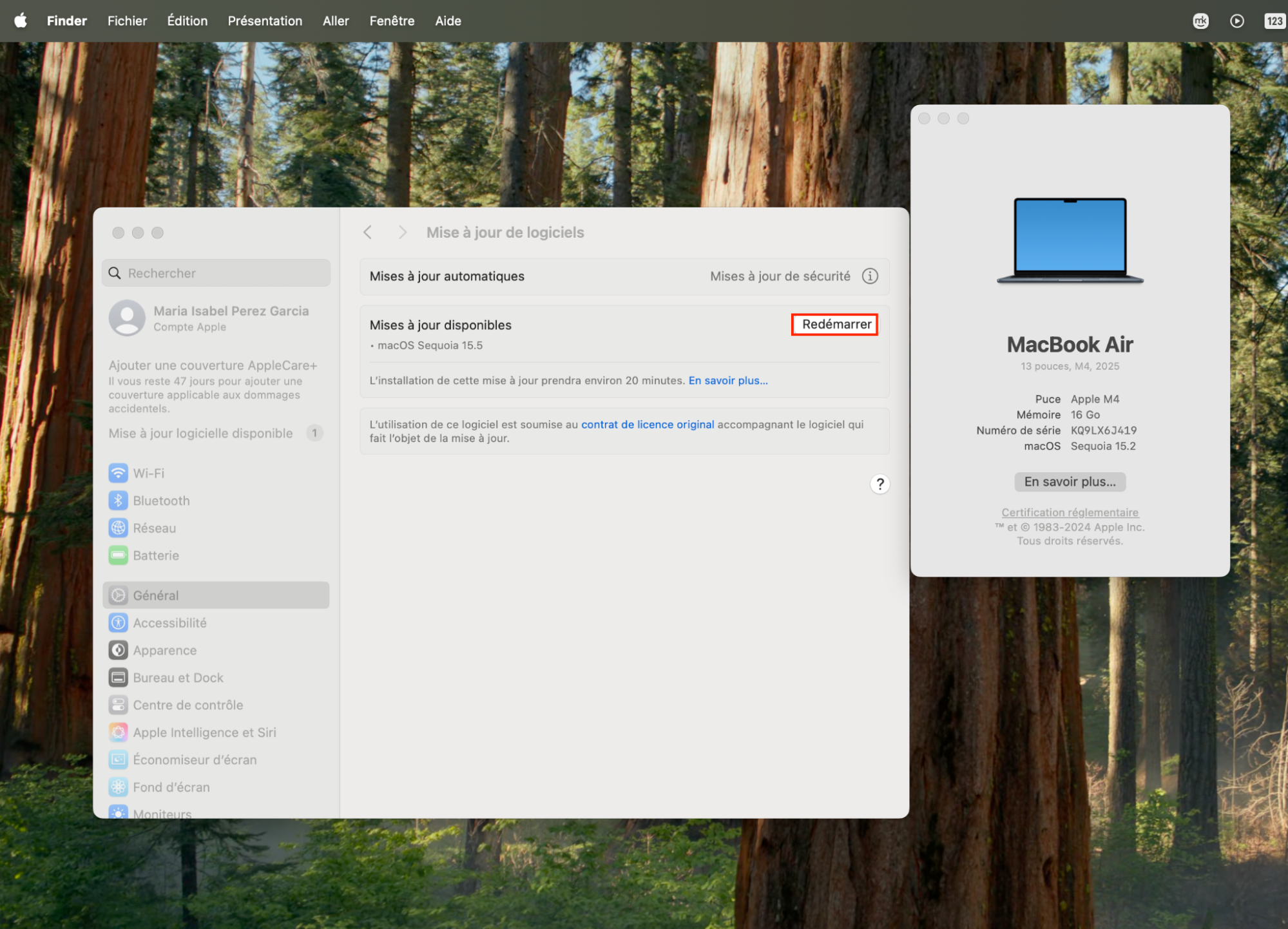 Un conseil pour vous débarrasser du message sécurité faible Wi-Fi sur votre Mac, effectuez une mise à jour du logiciel. Pour cela, rendez-vous dans Mise à jour de logiciels depuis la section Général, cliquez sur Redémarrer si votre Mac a trouvé des mises à jour à installer.