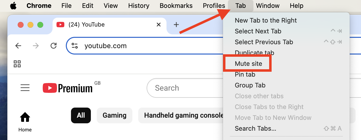 The Tab menu in Google Chrome on Mac. You can use the Mute site option to silence the selected tab in Google Chrome on Mac.