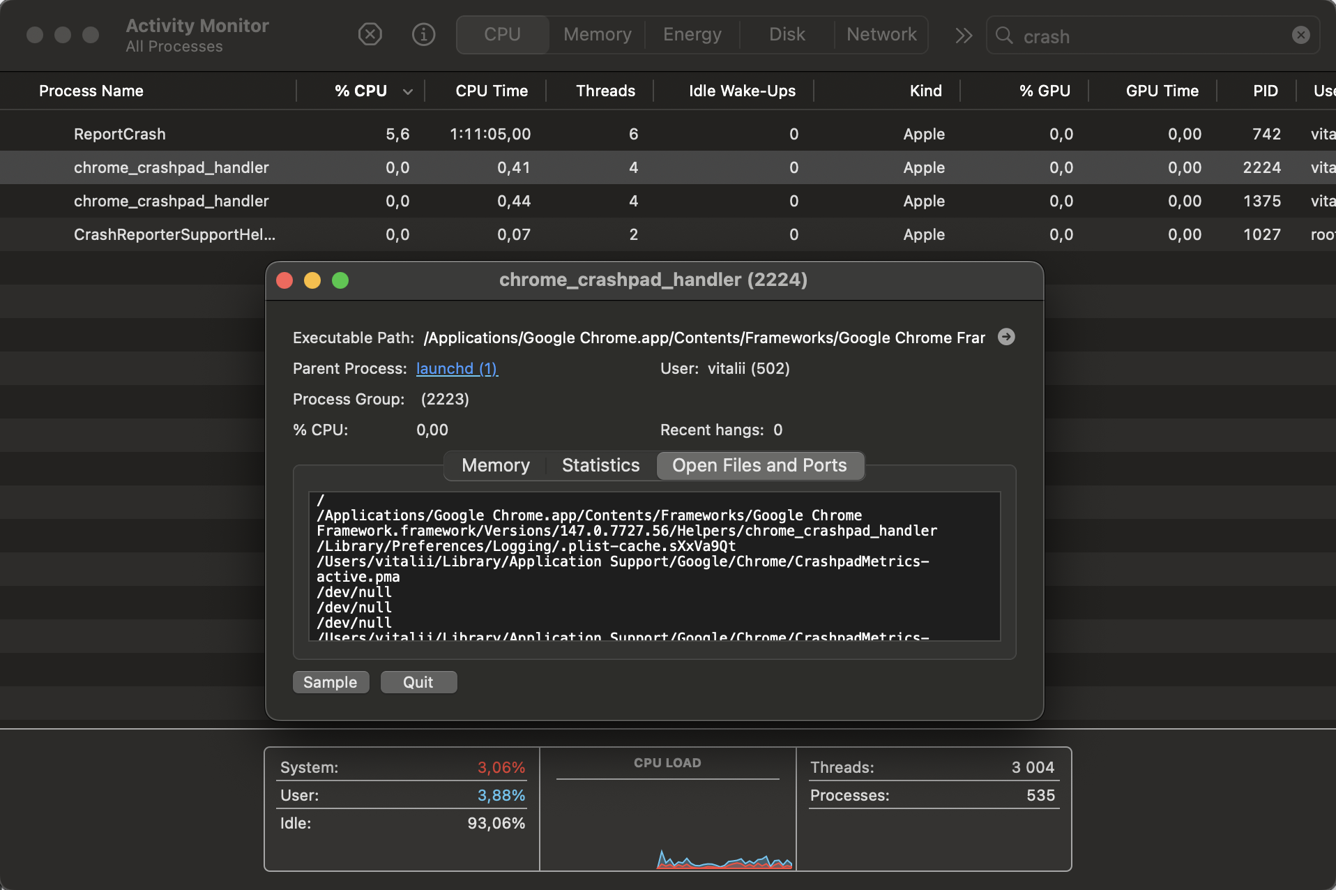 Activity Monitor process details on macOS with the Open Files and Ports tab selected to identify which Chromium app launched Crashpad on a Mac.