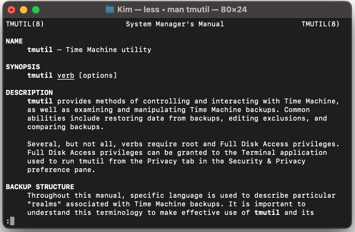 Il manuale di tmutil include una descrizione di cosa sia e come funzioni, oltre a fornire dettagli su come utilizzare questo strumento.