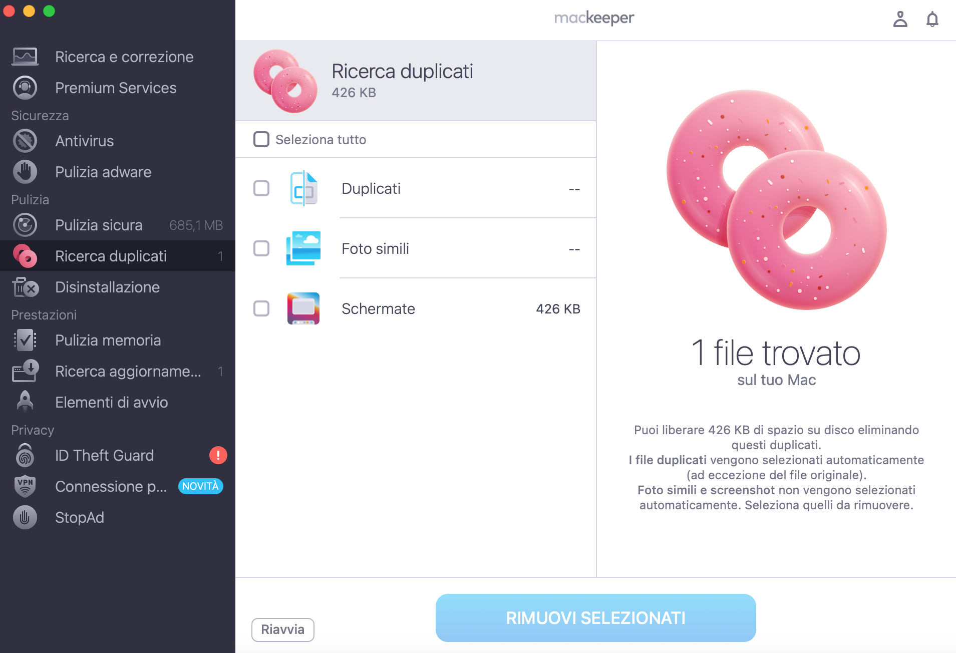 Visualizza l'elenco delle copie dopo la scansione. Seleziona i file che desideri eliminare e le caselle. Fai clic su Rimuovi selezionati.