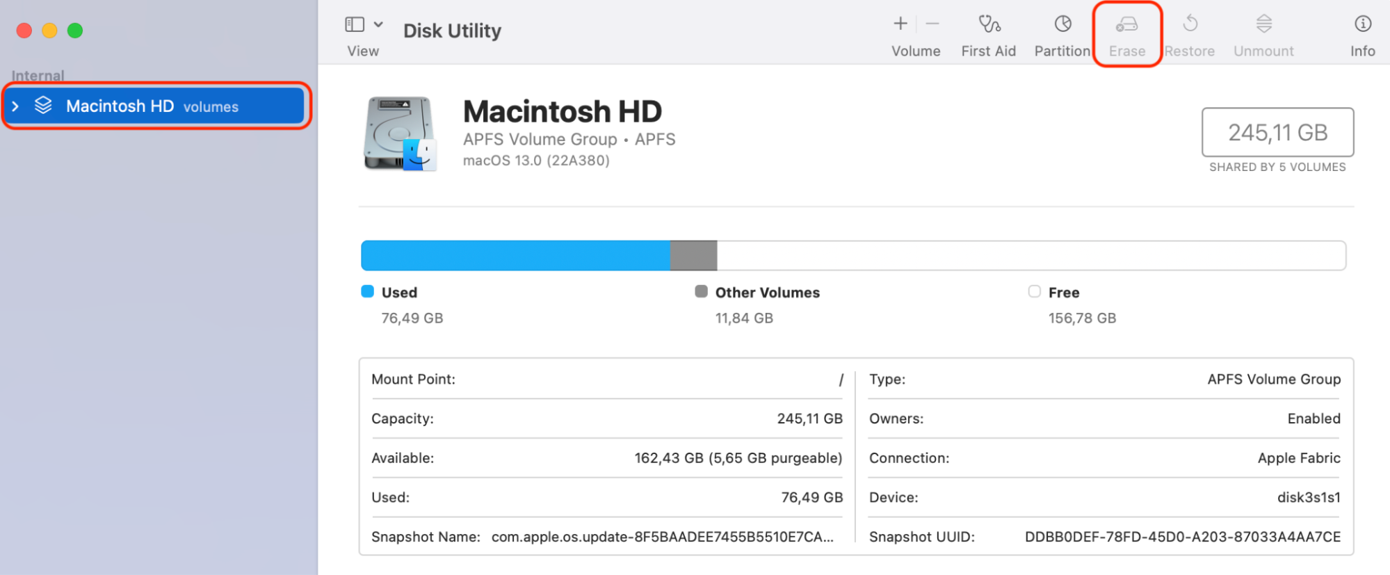 Disk Utility is opened on a Mac. Click on the volume you want to erase and select Erase to reset your Mac via Recovery Mode.