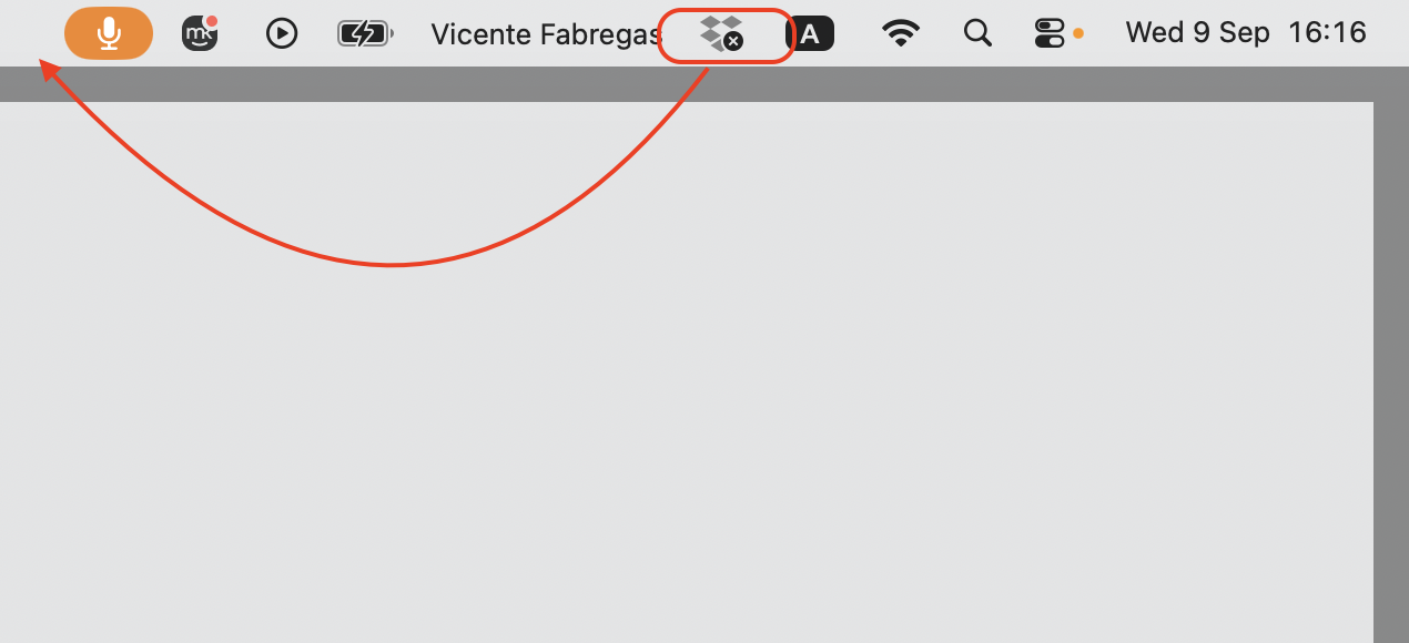 The macOS menu bar with the Dropbox icon being dragged to a new position to reorder it among the other Apple device status icons.