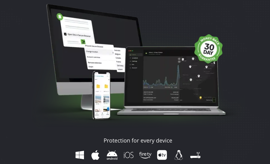 IPVanish VPN app on an iMac, MacBook, and iPhone with a 30-day money-back badge and Protection for every device icons for unlimited Mac use.
