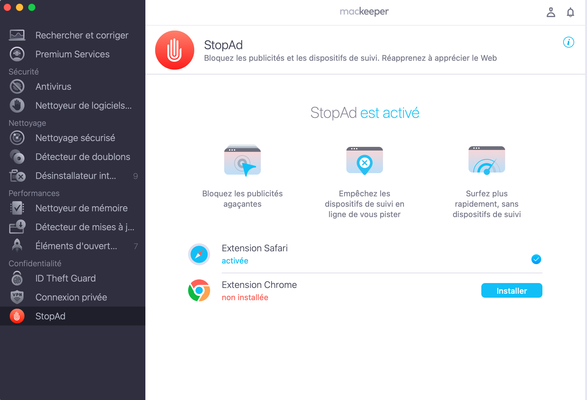 Pour bloquer les publicités agaçantes et empêcher les annonceurs de vous espionner sur Internet, utilisez l’outil StopAd de MacKeeper. Lancez MacKeeper et sélectionnez StopAd. Cliquez Installer près du navigateur de votre choix.