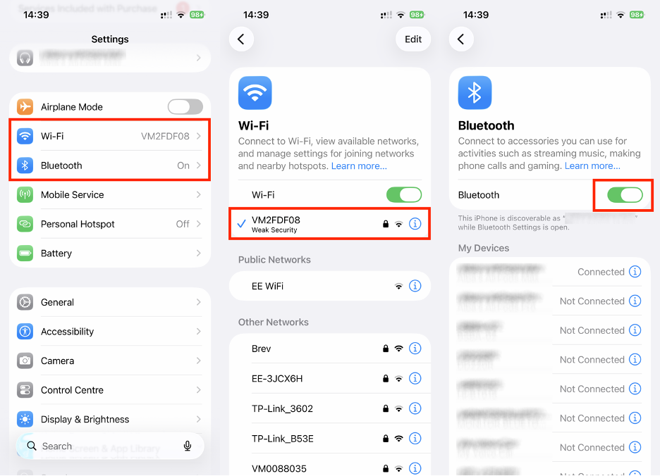 To check the connections before you use iPhone Mirroring on your Mac, go to your iPhone, tap Settings, select Wi-Fi or Bluetooth, and make sure they’re enabled or connected to the correct network.