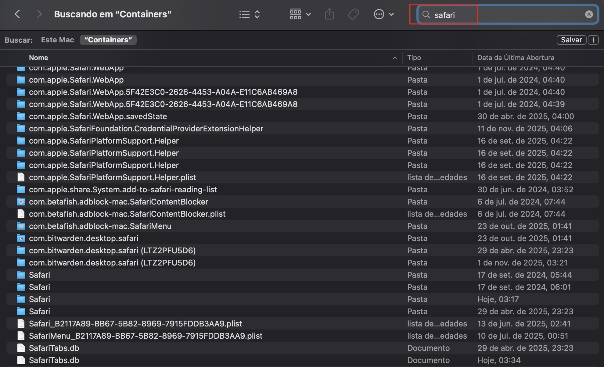 Para finalizar a redefinição do Safari, vá para a pasta Containers dentro da sua pasta Biblioteca e procure por tudo relacionado ao Safari. Exclua tudo.