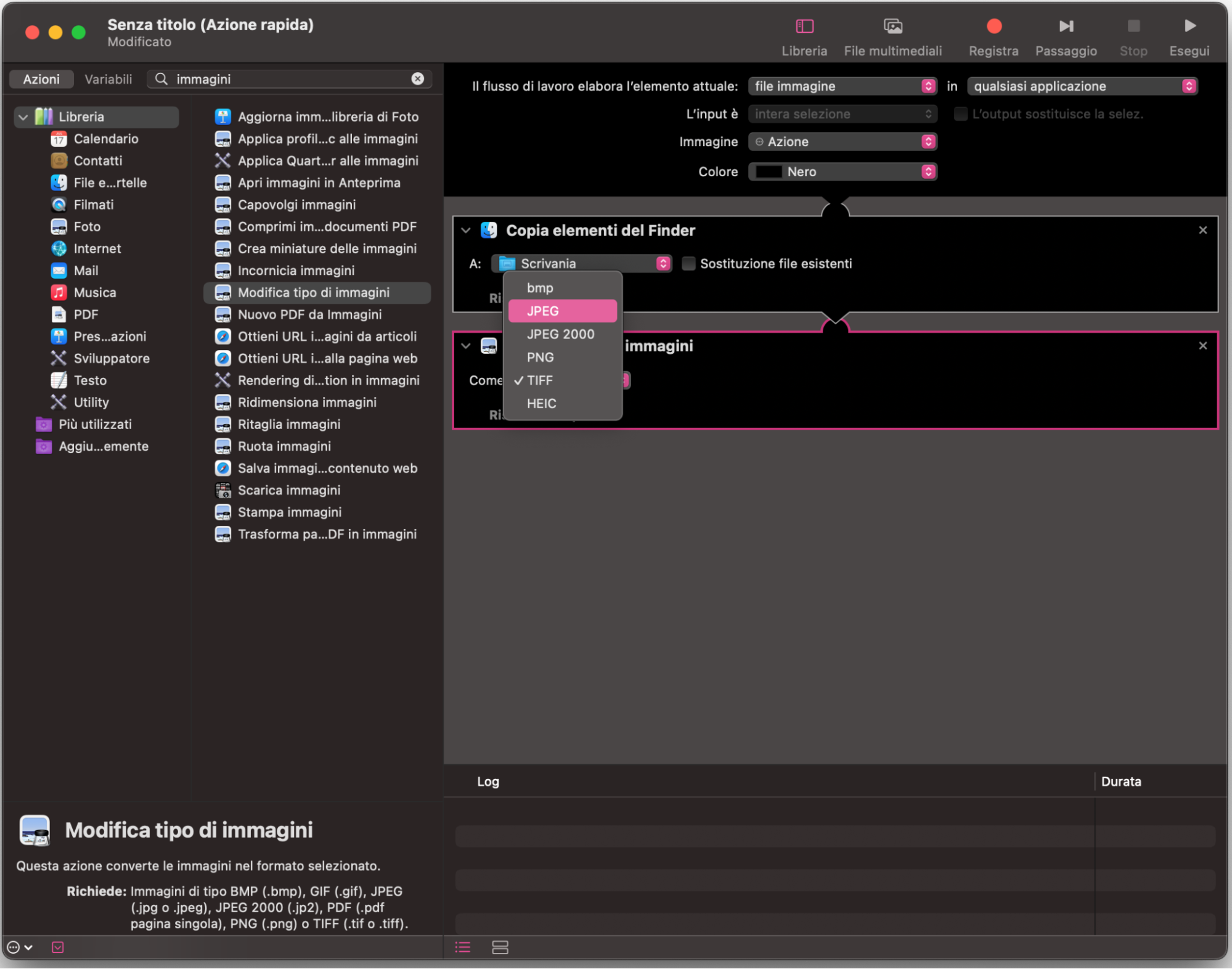 Scegli il tipo di file immagine in cui vuoi convertire le tue foto in macOS. Dovrai selezionare JPEG quando appare l’elenco delle opzioni. Potrebbe essere già selezionato.