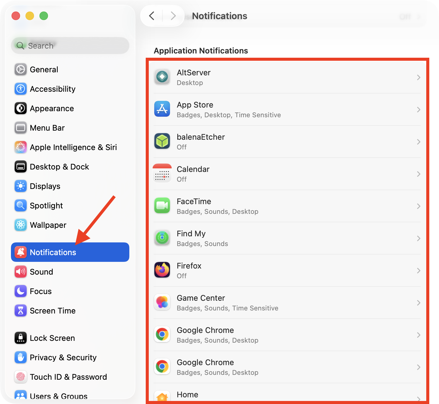 A list of apps in the System Settings > Notifications menu on Mac. Select an app here and then disable notification sounds to receive its alerts silently.