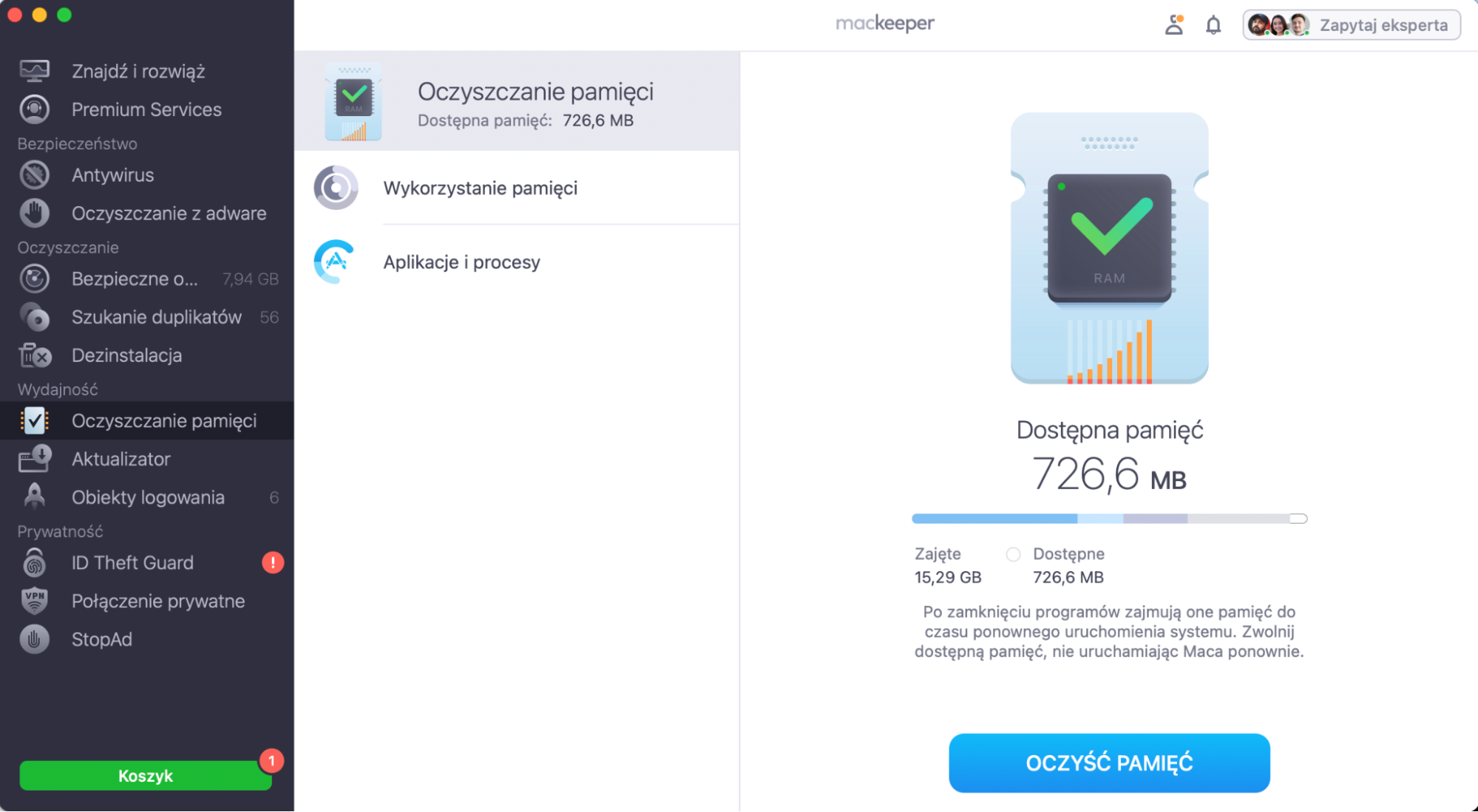Kliknij Oczyść  pamięć , aby zwolnić pamięć REM w swoim MacBooku  
