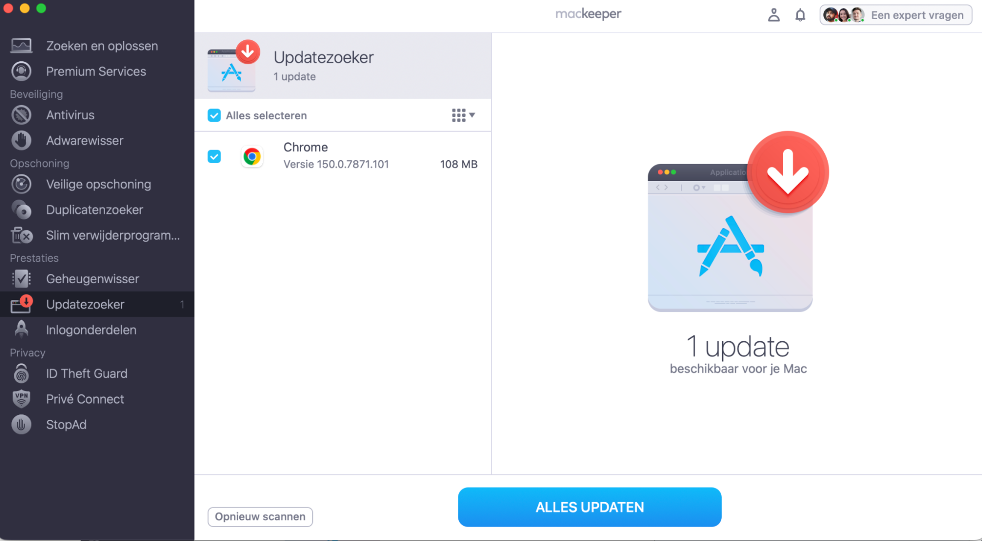 Vink het vakje aan naast de app die je wilt bijwerken en klik op de knop Bijwerken.