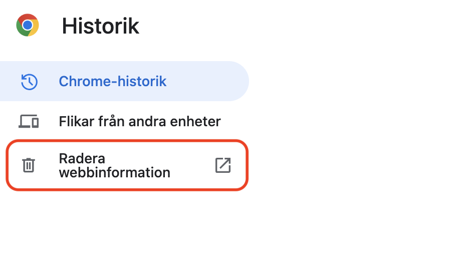 Google Chrome på Mac visar avsnittet Historik. Klicka på Radera webbinformation för att radera alla Chrome-cachefiler.