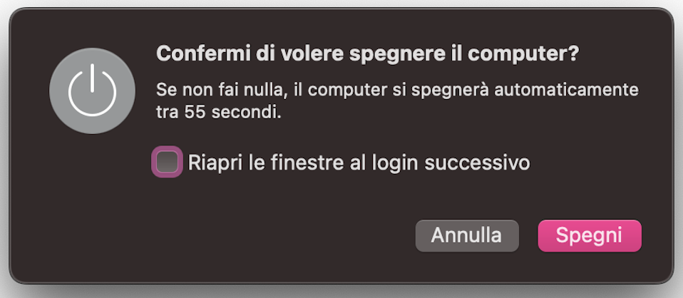 Quando spegni il Mac, deseleziona l’opzione per riaprire le finestre al login successivo. In questo modo, nessuna finestra del browser si aprirà automaticamente all’accensione del dispositivo.
