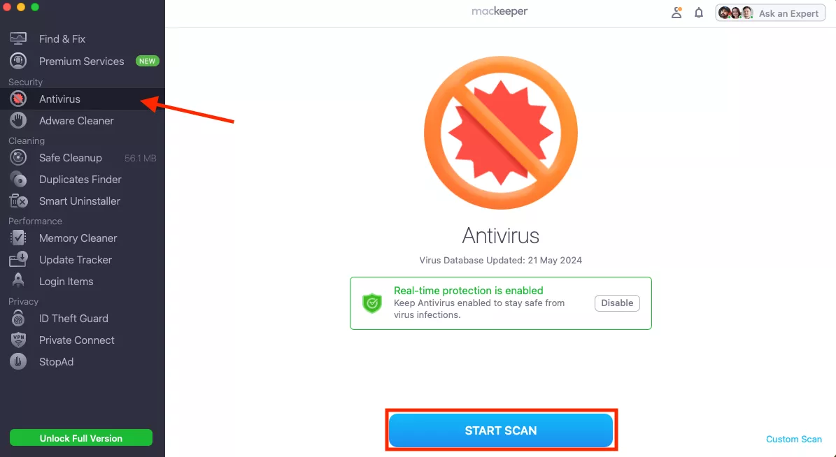 The Antivirus tool in MacKeeper on Mac. Click the Start Scan button to find OSX.Bundlore and any other hidden malware.