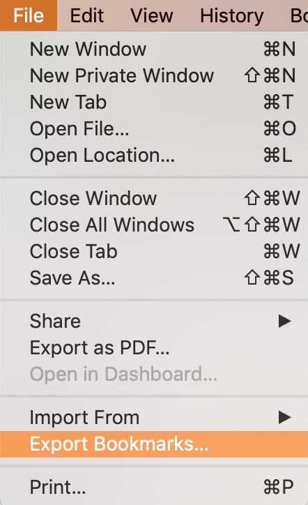 export bookmarks button in the file menu export bookmarks button in the file menu
