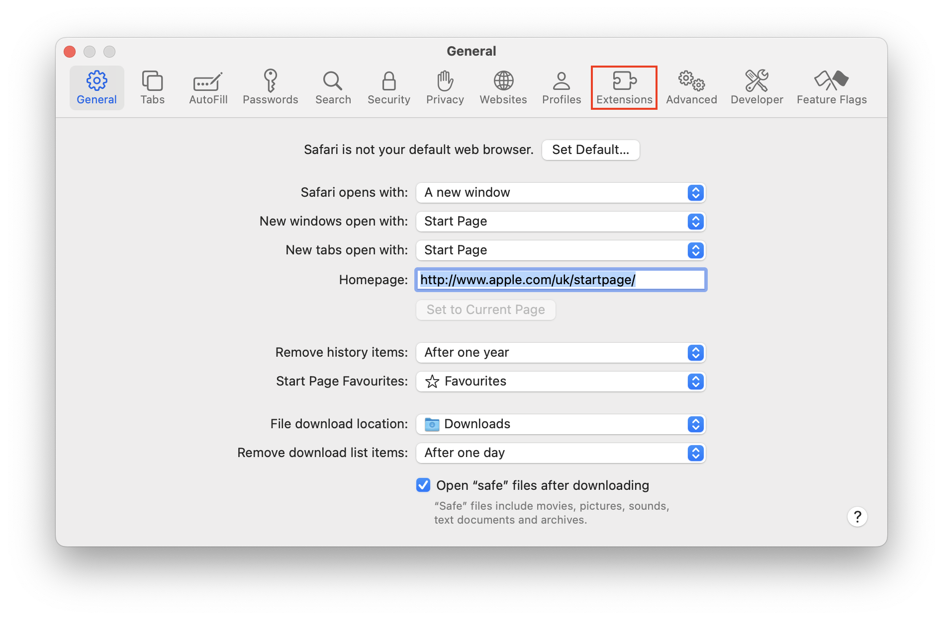 Safari’s Settings dialog box, with Extensions highlighted. How to remove extensions from Safari, in a guide on how to stop fake McAfee pop-ups on Mac.