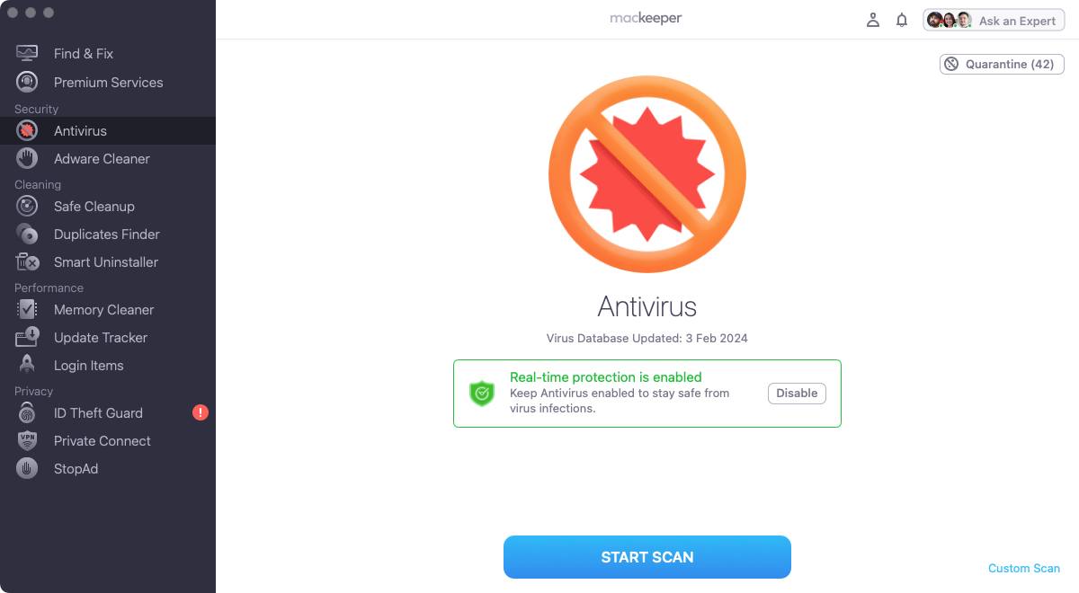To start an antivirus scan in MacKeeper, go to the Antivirus section of the app, then click the 'Start Scan' button and wait.