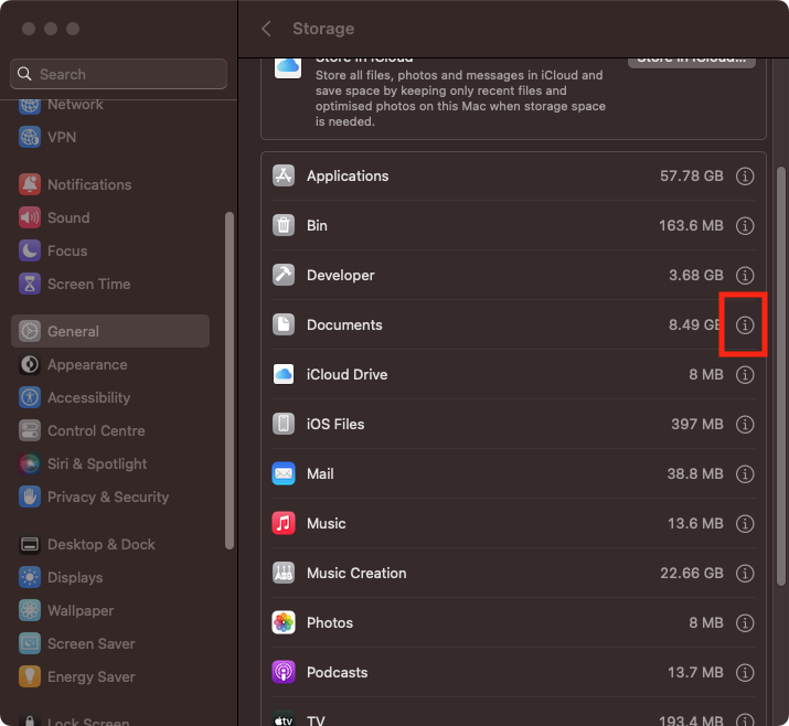 In the storage settings, click one of the 'i' icons in the list to find tools that let you manage that particular type of storage. Start, for example, with 'Documents'.