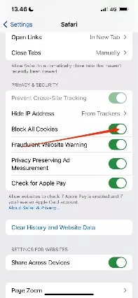 toggle block all cookies button for ios
