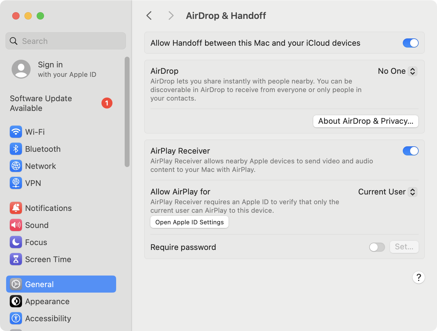 Where it says 'Allow Handoff between this Mac and your iCloud devices' in System Settings, click the switch to enable this function.