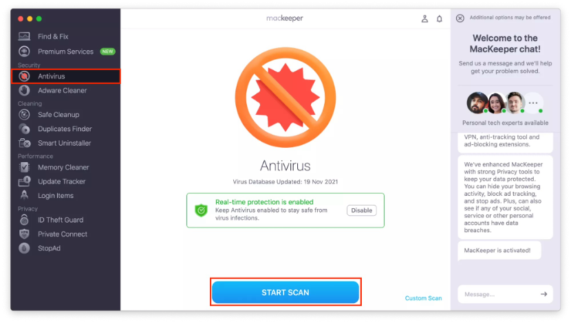 To protect your Mac from malware, open MacKeeper’s Antivirus and click Start Scan.
