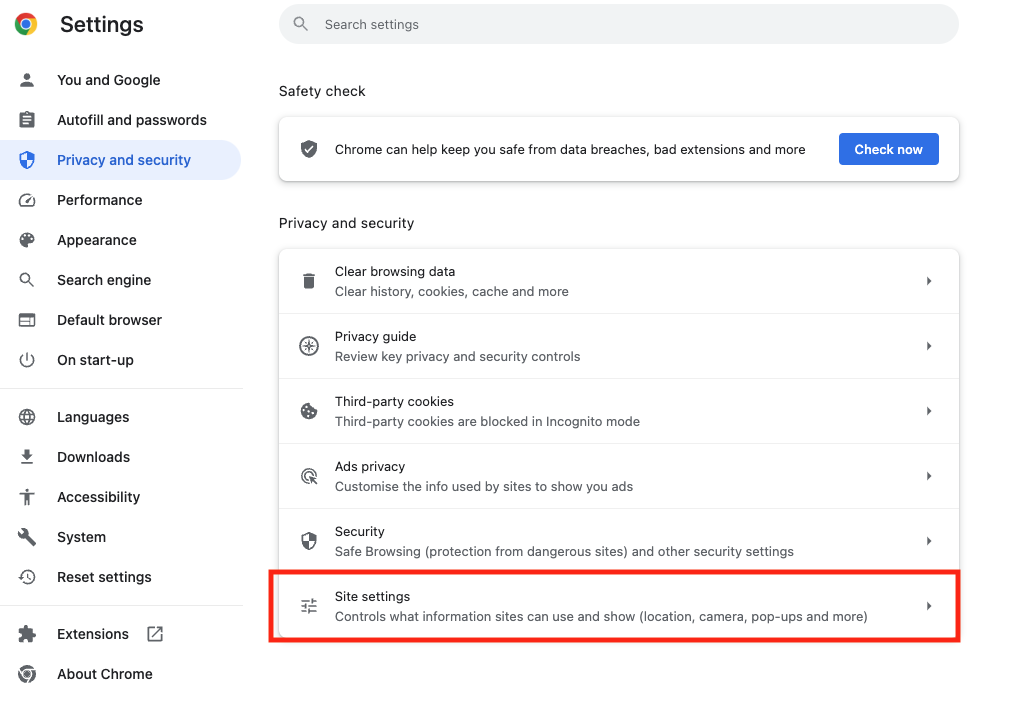 In Chrome's settings, click 'Privacy and security', then go to 'Site Settings', which lets you control various aspects of website behaviour.