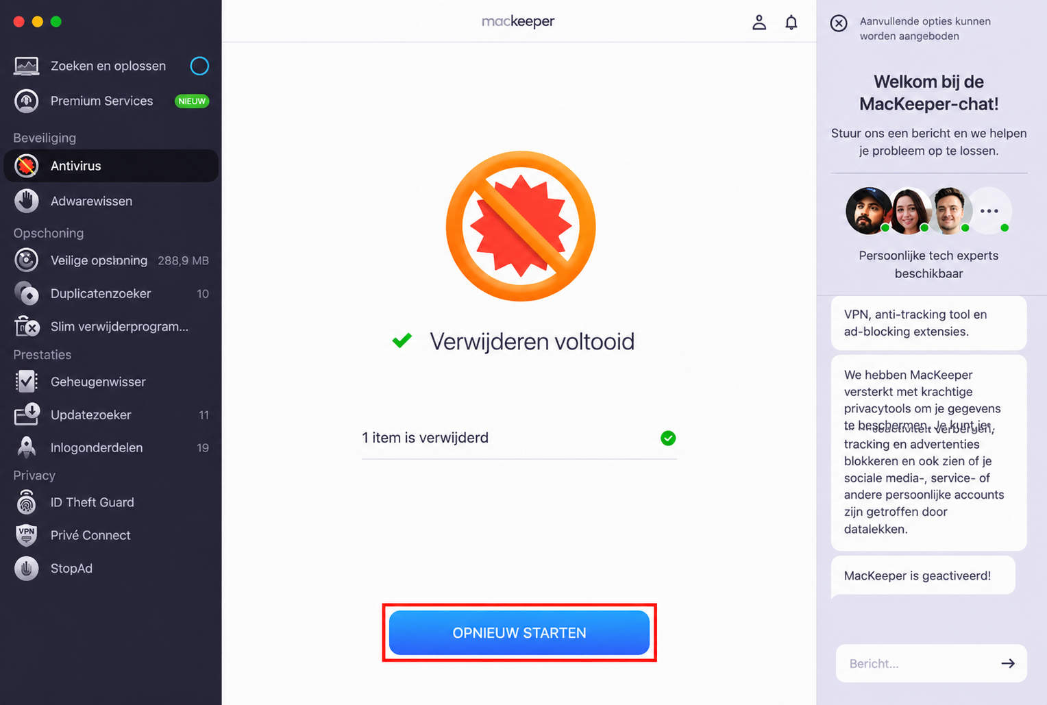 De Antivirus-tool in MacKeeper voor Mac. Na het in quarantaine plaatsen van eventuele bedreigingen, klik op Herstarten.