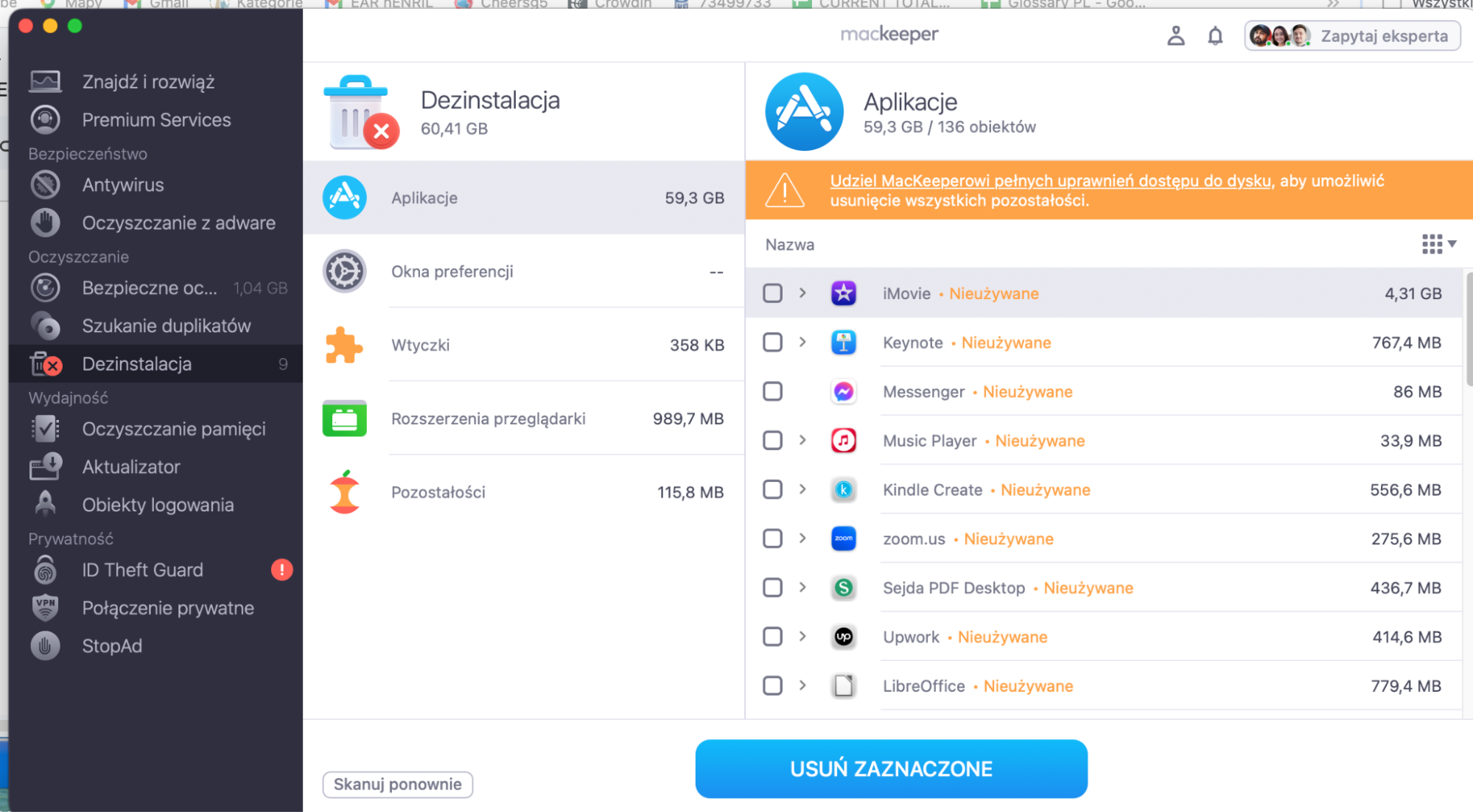 Odinstaluj programy z zakładki Programy za pomocą funkcji Dezinstalacja w MacKeeper.