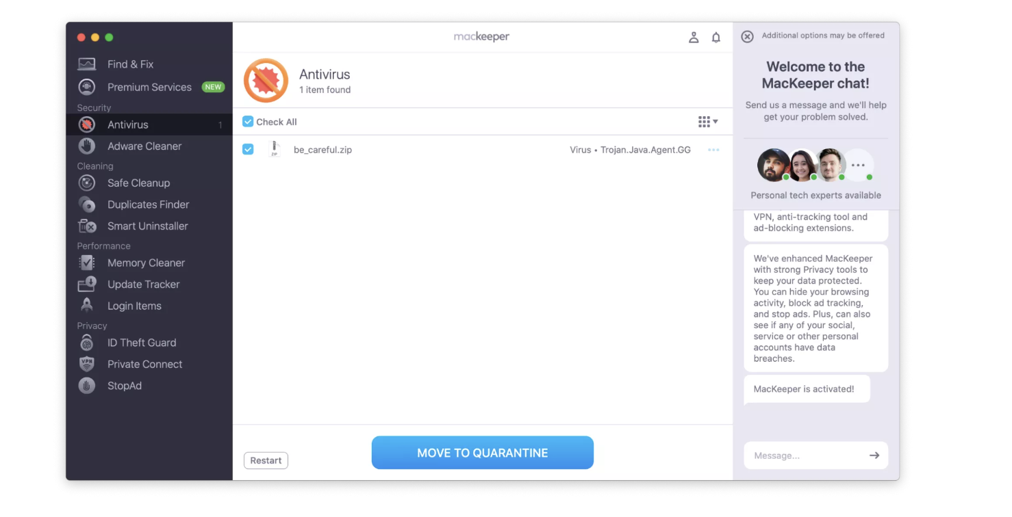 If MacKeeper identifies malware on your Mac, tap the Check All box. Then, select Move to Quarantine to delete the virus from your computer.