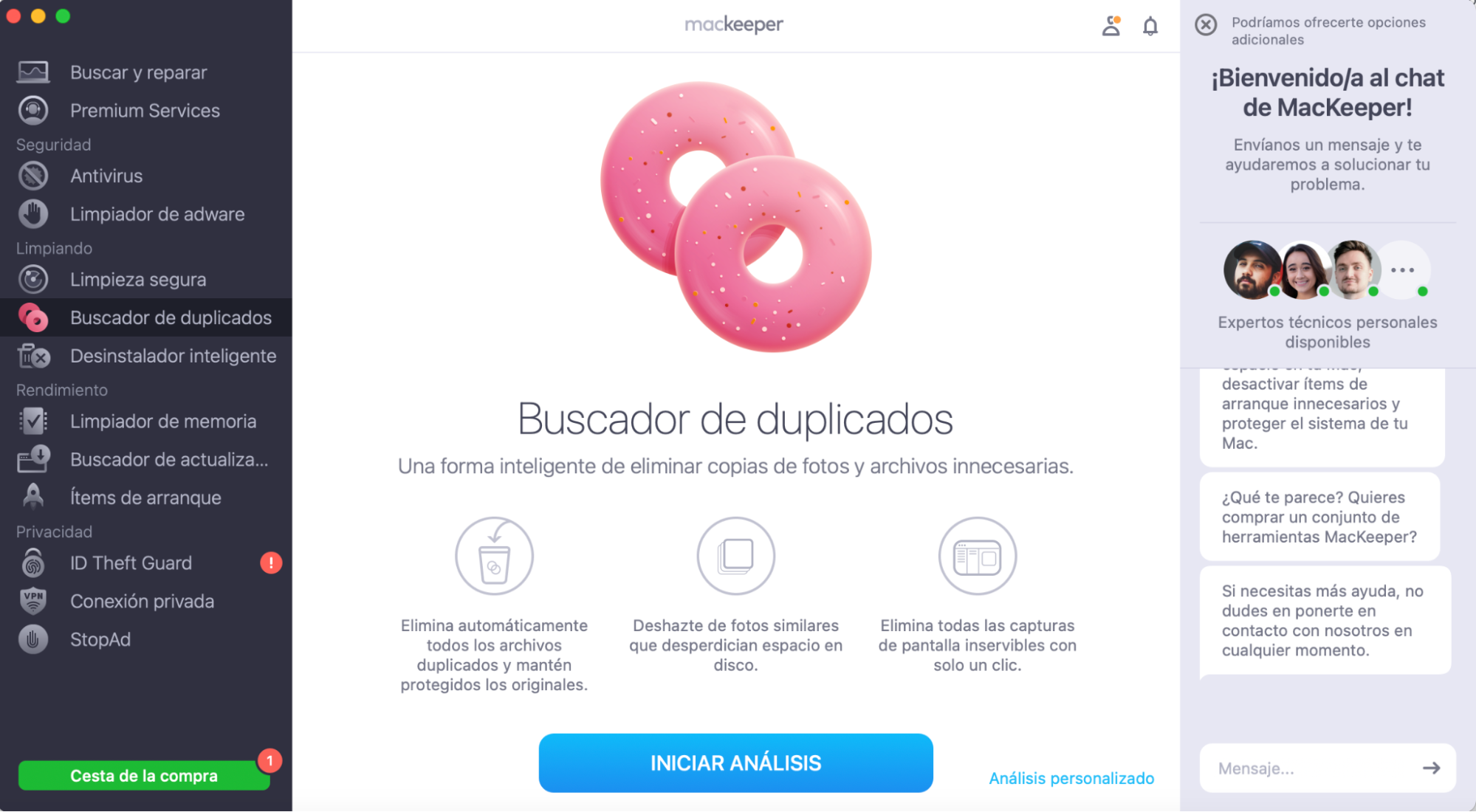 Para encontrar y eliminar duplicados de tu Mac, ejecuta MacKeeper, selecciona Buscador de duplicados y haz clic en Iniciar análisis.