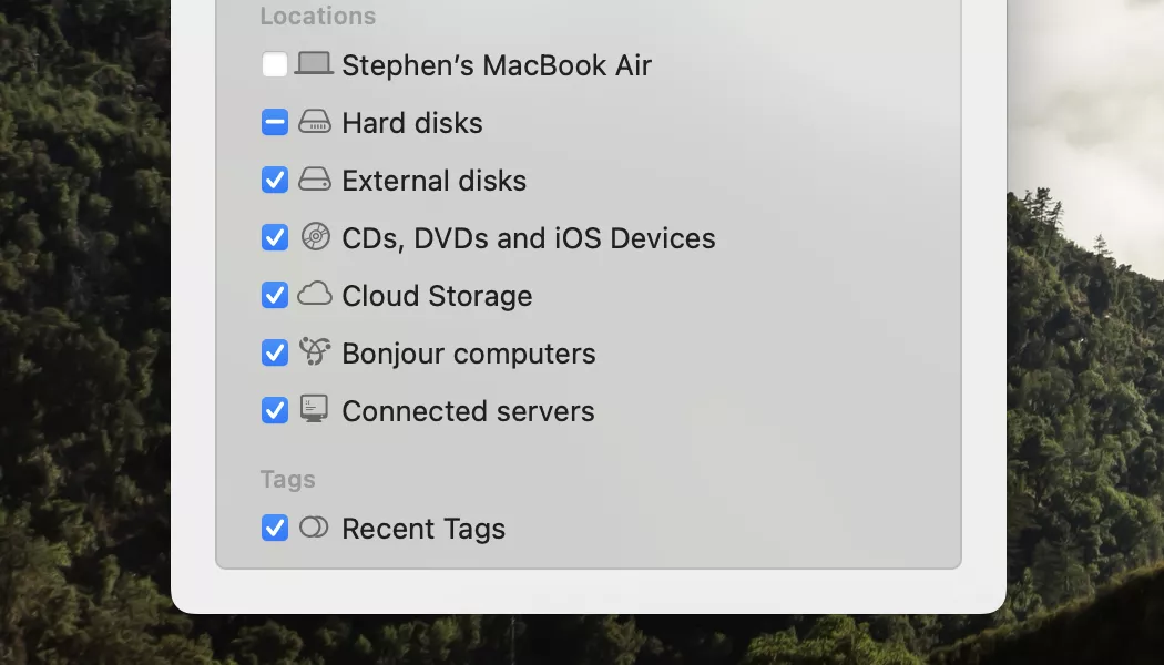 In the Finder Settings window, ensure move over to the Sidebar tab and select the tick box next to External disks is ticked.