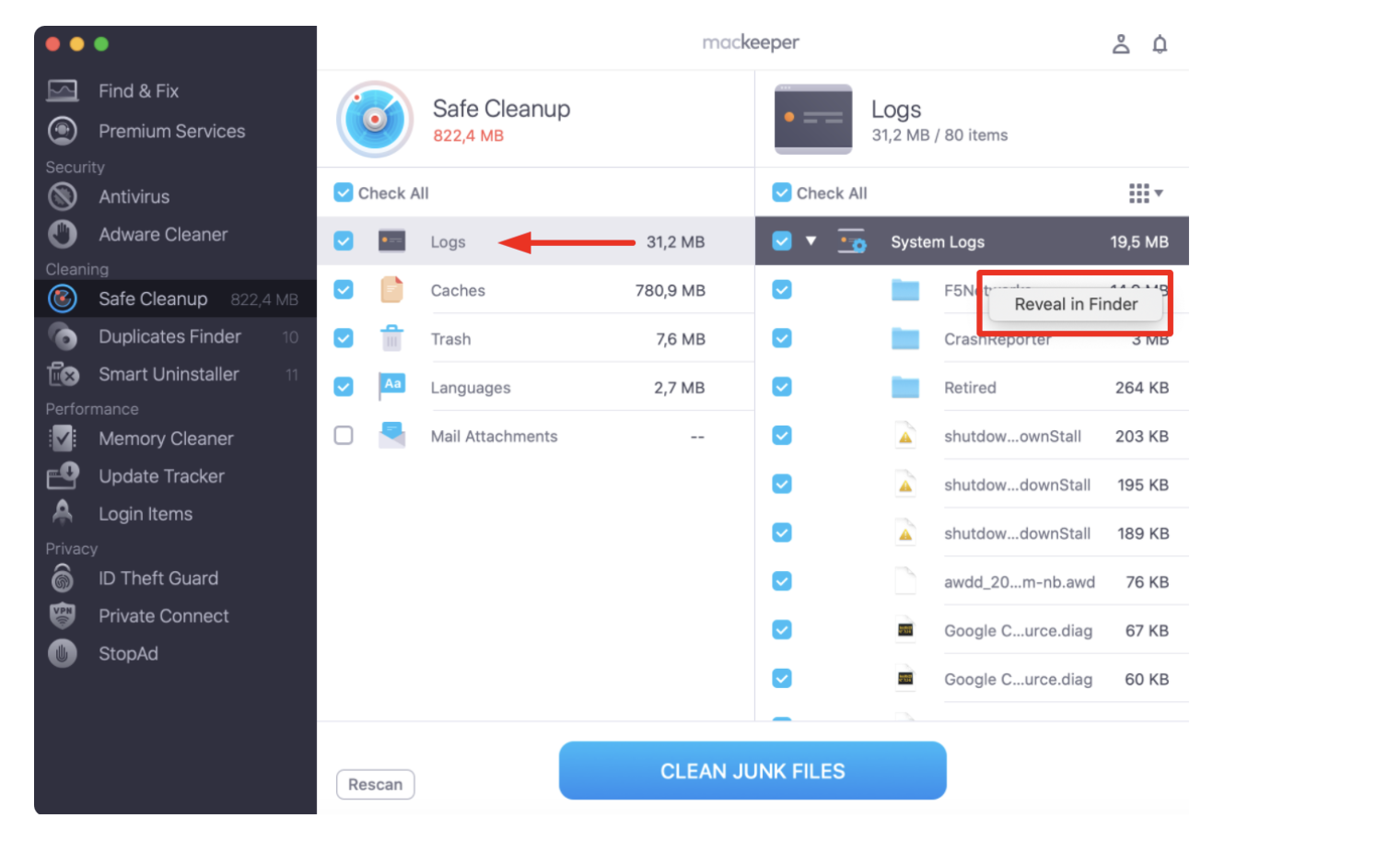 Choose the files and folders you wish to remove in MacKeeper's Safe Cleanup tool. Once you've done that, select Clean Junk Files at the bottom of the window.