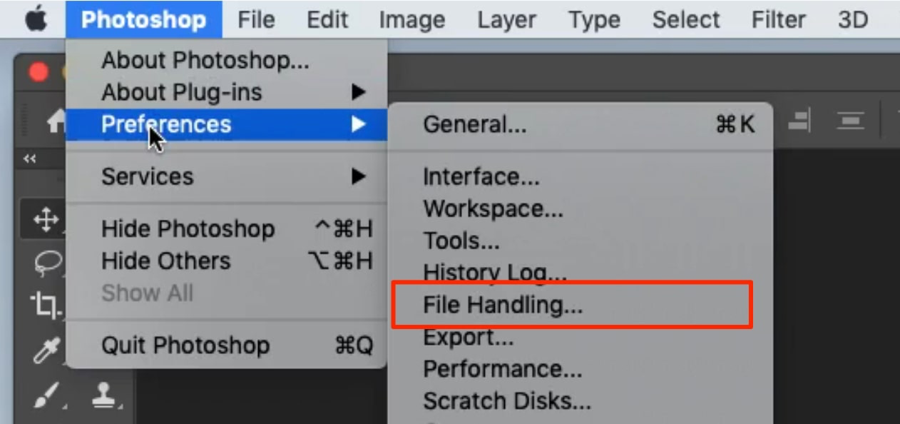 The Preferences menu inside Photoshop for Mac. Select File Handling to disable auto-recovery in Photoshop. The Preferences menu inside Photoshop for Mac. Select File Handling to disable auto-recovery in Photoshop.