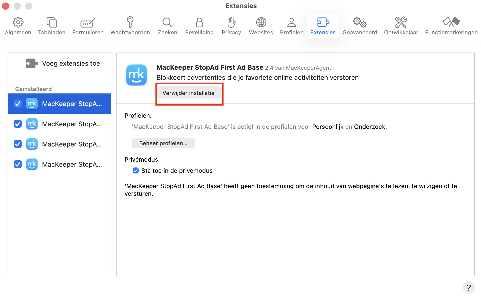 Selecteer de overbodige extensies die je wilt verwijderen door de vakjes links aan te vinken. In het venster van elke extensie rechts klik je onder de naam op ‘Verwijder’.