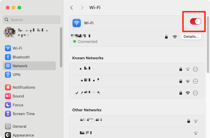 Turning Wi-Fi on and off is simple. You just click the toggle/slider to activate and deactivate your Wi-Fi connection.