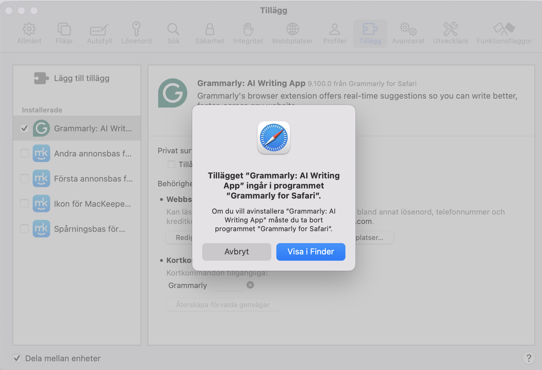 Efter att ha klickat på 'Avinstallera' måste du klicka på 'Visa i Finder’. Detta tar dig till platsen där tillägget är installerat så att du kan ta bort det.