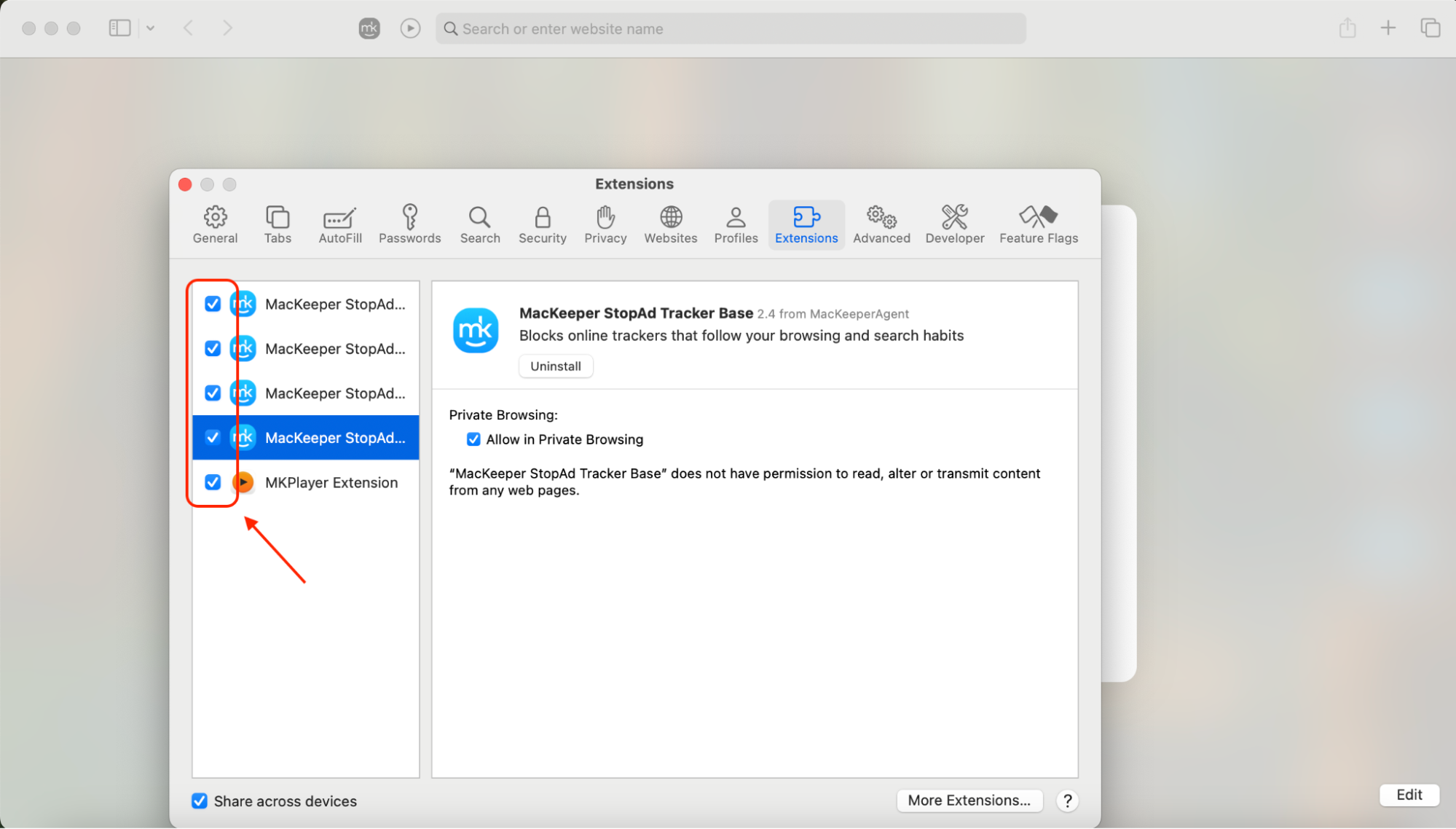 In the Extensions tab, make sure all MacKeeper-related boxes are checked to fully activate the StopAd extension.
