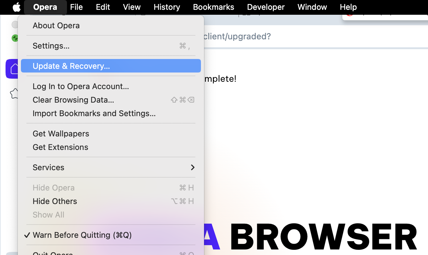 Opera for Mac, with menu open, and Update & Recovery highlighted. How to manually remove a browser hijacker from Mac: delete hijacker from the browser.