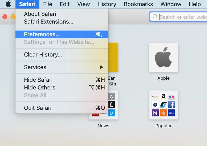 The second step in this four-step process is to access Safari preferences from the drop-down menu at the top of the screen to delete Safari cache on Mac.